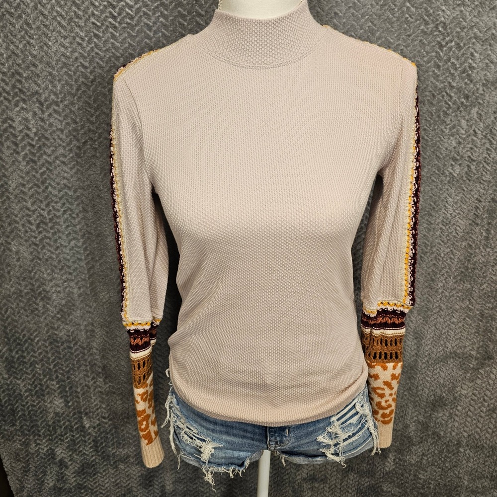 Free People Womens M Beige Waffle Knit Mock Neck Thermal Leopard Crochet Top